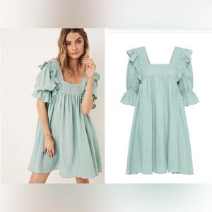 NEW Spell & The Gypsy Linen Ruffle Sleeve Mini Dress Sea blue S